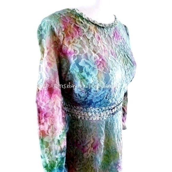 VINTAGE 70S CUSTOM DIP DYED LACE SEQUIN RICK RAC DRESS SZ S M - Picture 8 of 11